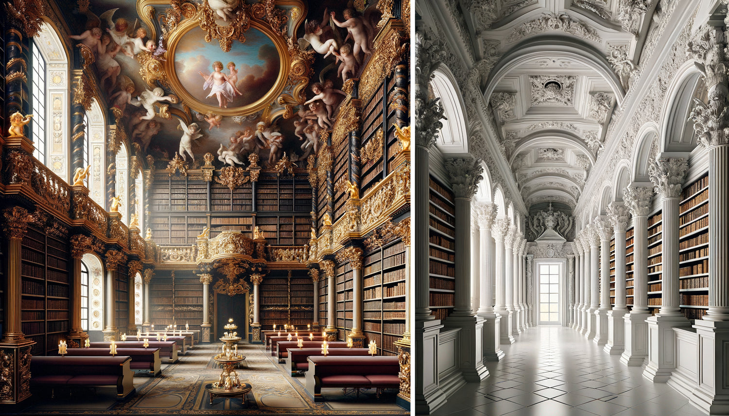 Comparaison architecturale entre bibliothèque baroque exubérante dorée et bibliothèque néoclassique sobre épurée du 18ème siècle