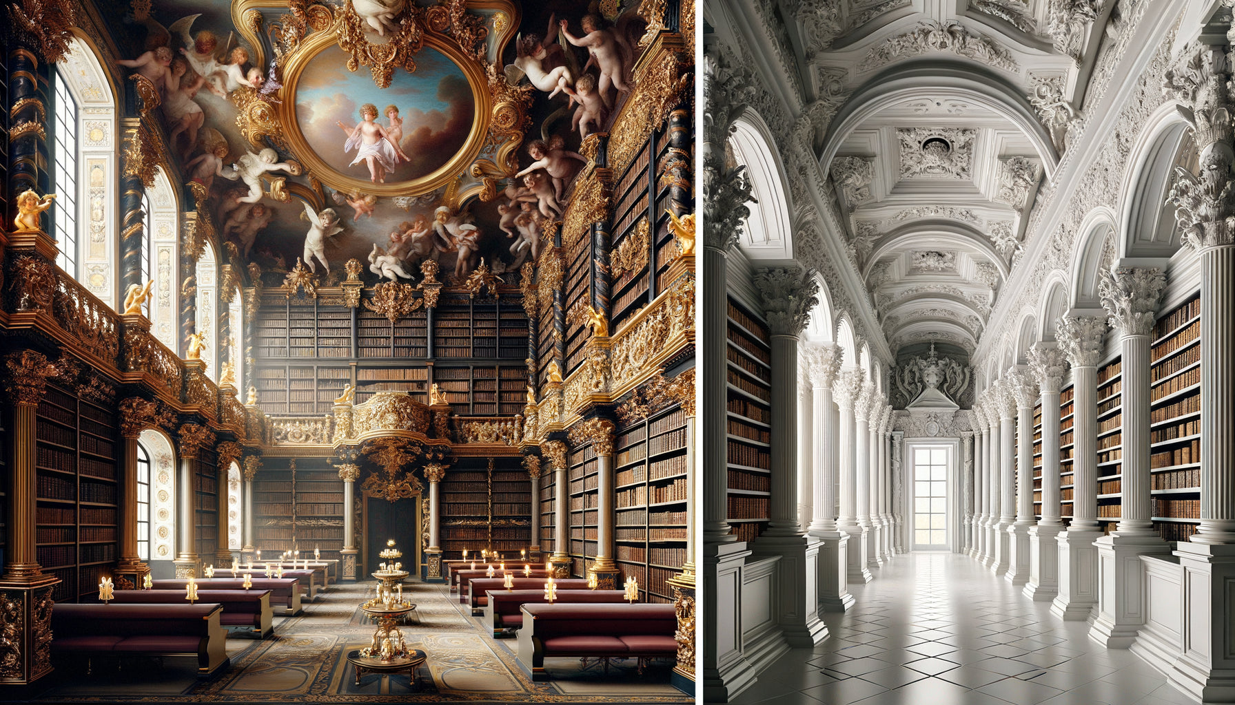 Comparaison architecturale entre bibliothèque baroque exubérante dorée et bibliothèque néoclassique sobre épurée du 18ème siècle