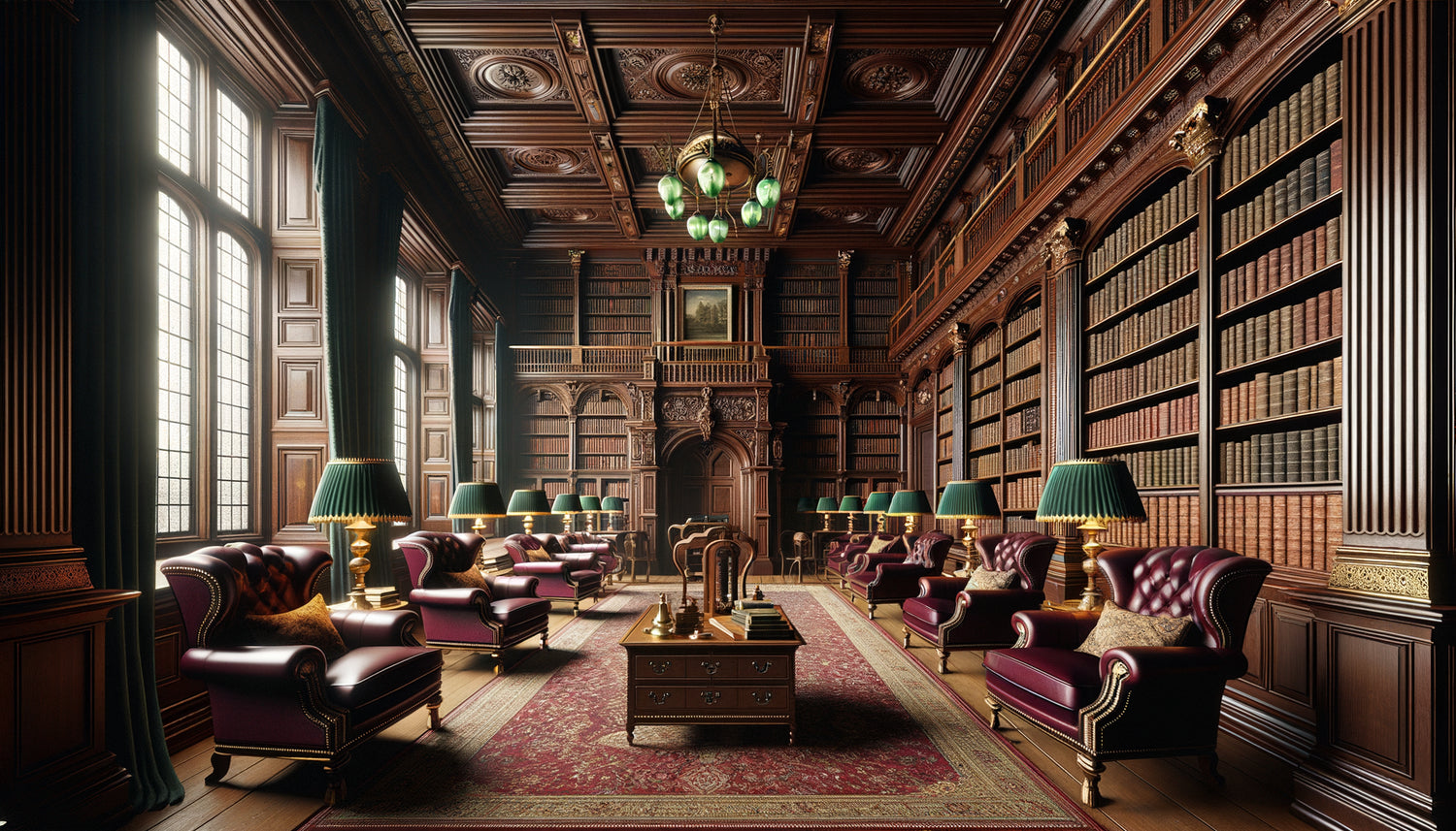 Intérieur de bibliothèque coloniale britannique en Inde époque victorienne, esthétique anglaise pure sans aucun décor indien