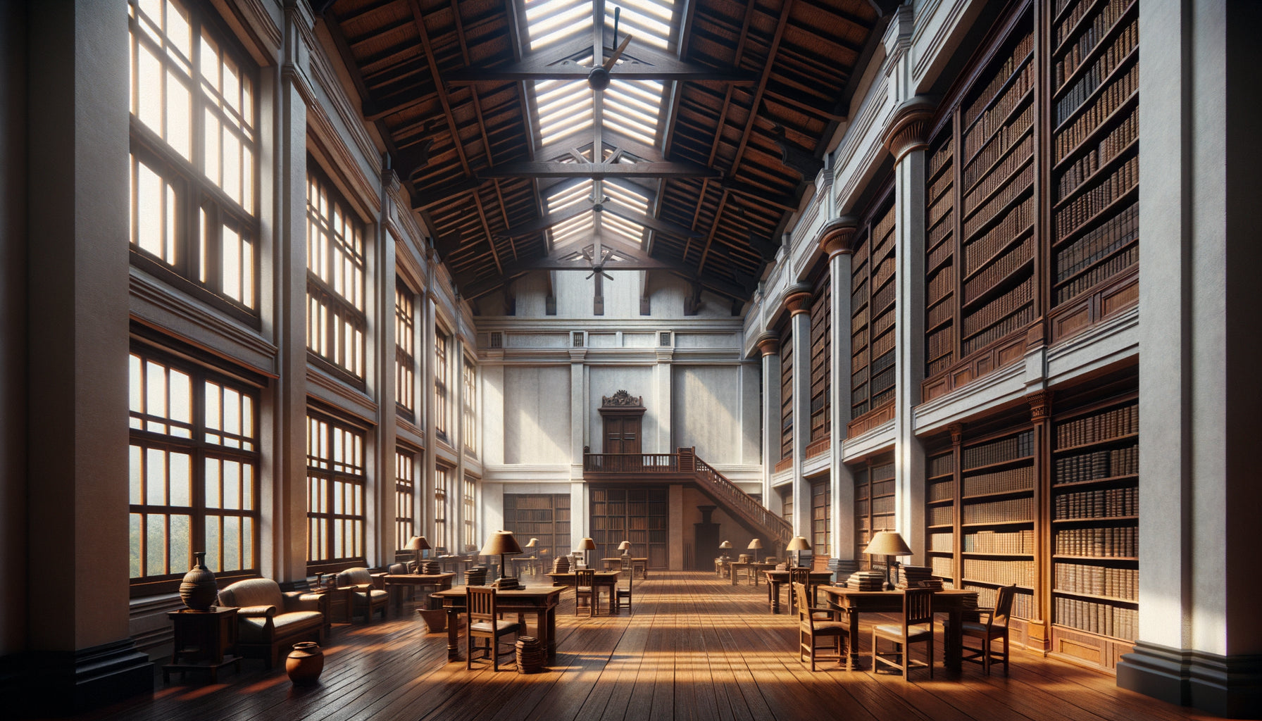 Intérieur sobre d'une bibliothèque coloniale néerlandaise en Asie, murs blancs nus, architecture tropicale austère, esthétique calviniste 1920