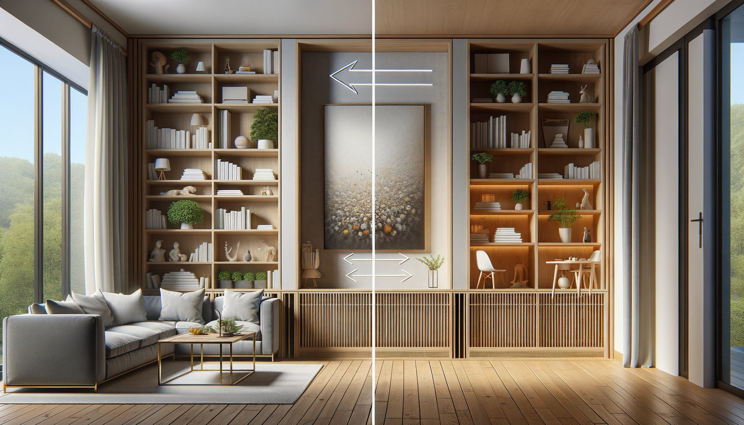 Comparaison visuelle bibliothèque avec fond versus sans fond montrant circulation air autour œuvres murales