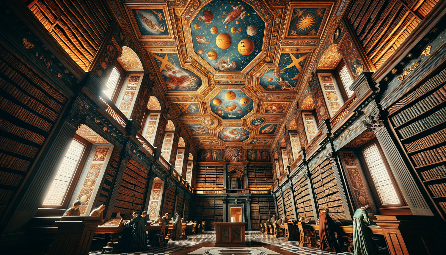 Bibliothèque humaniste Renaissance avec plafond peint représentant le zodiaque et constellations, érudits consultant des manuscrits
