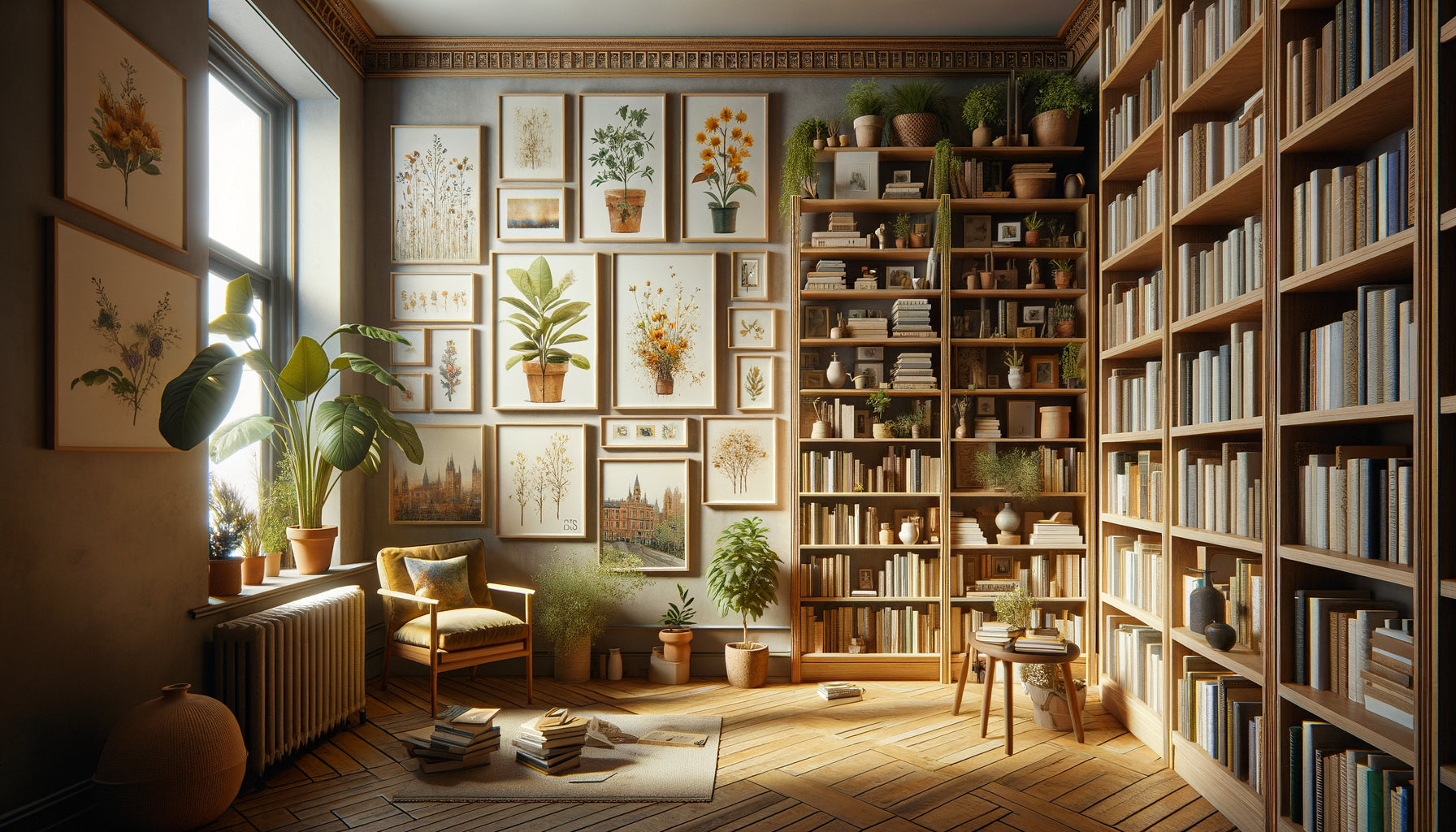 Bibliothèque personnelle contemporaine décorée d'illustrations originales d'artistes locaux aux styles variés et authentiques