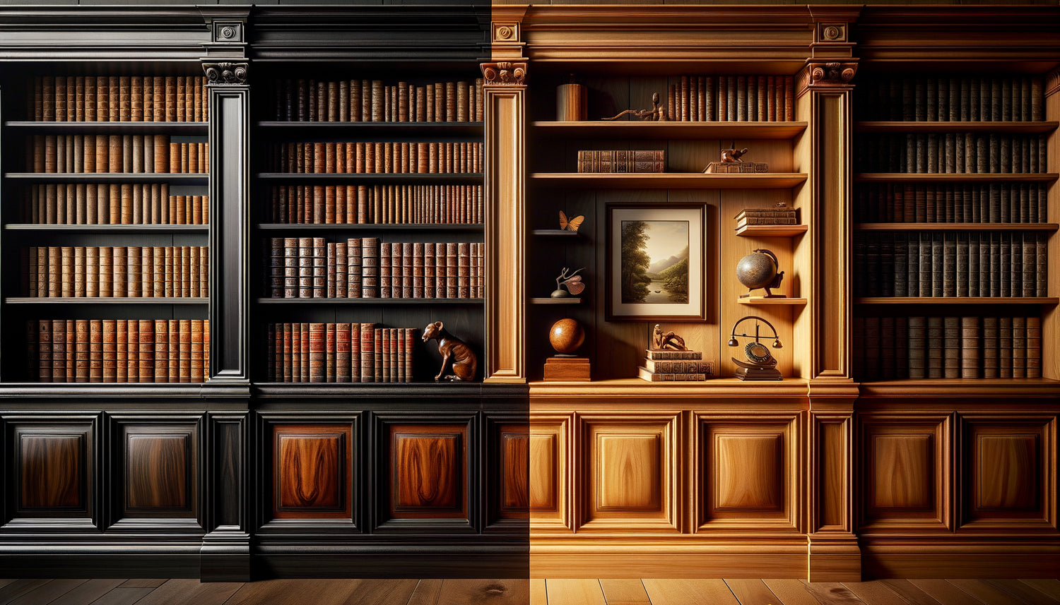 Comparaison photographique entre bibliothèque laquée brillante et bibliothèque cirée mate exposant livres et œuvres d'art précieux