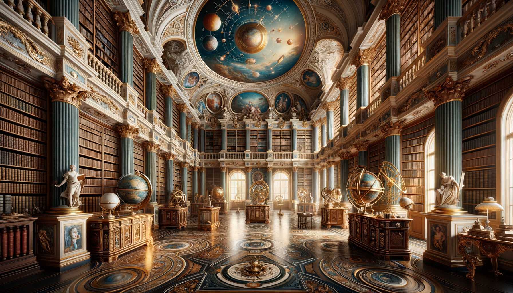 Bibliothèque du XVIIIe siècle des Lumières avec fresques astronomiques et médaillons de savants, architecture baroque néoclassique