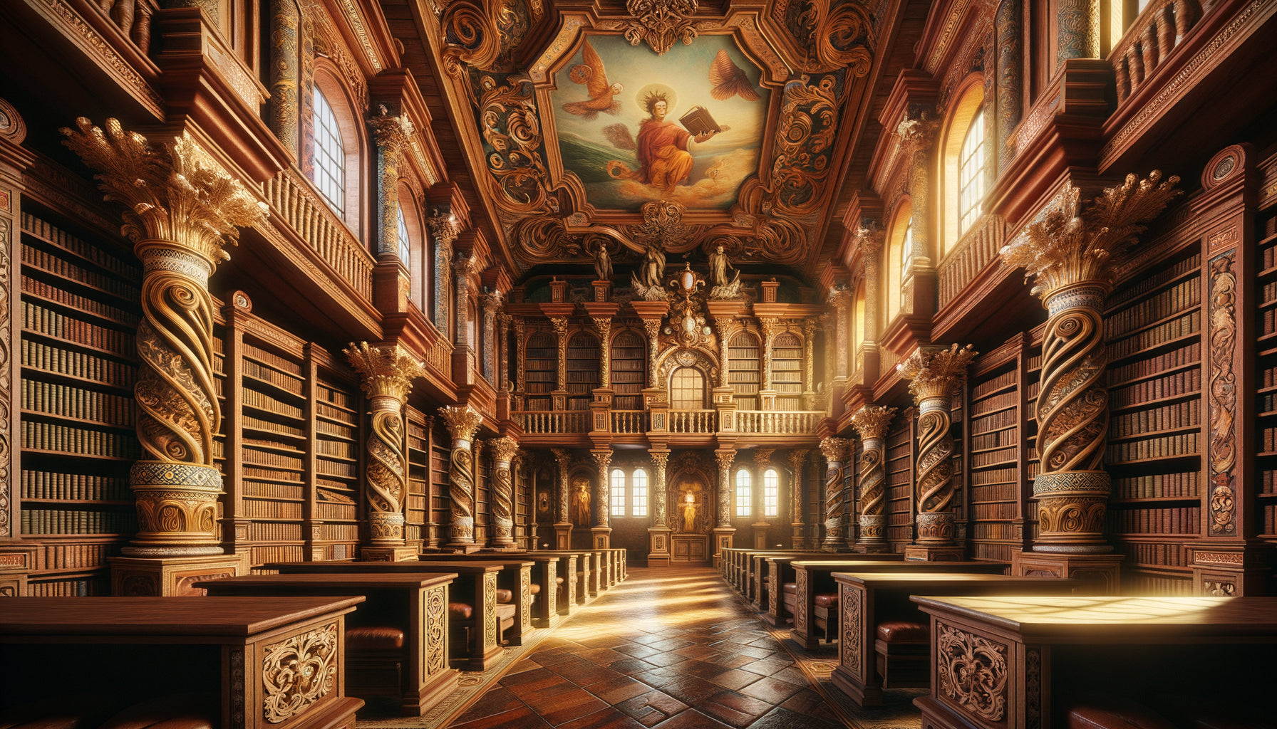 Intérieur de bibliothèque de mission jésuite baroque au Paraguay 18e siècle fusionnant ornements européens et motifs guaranis