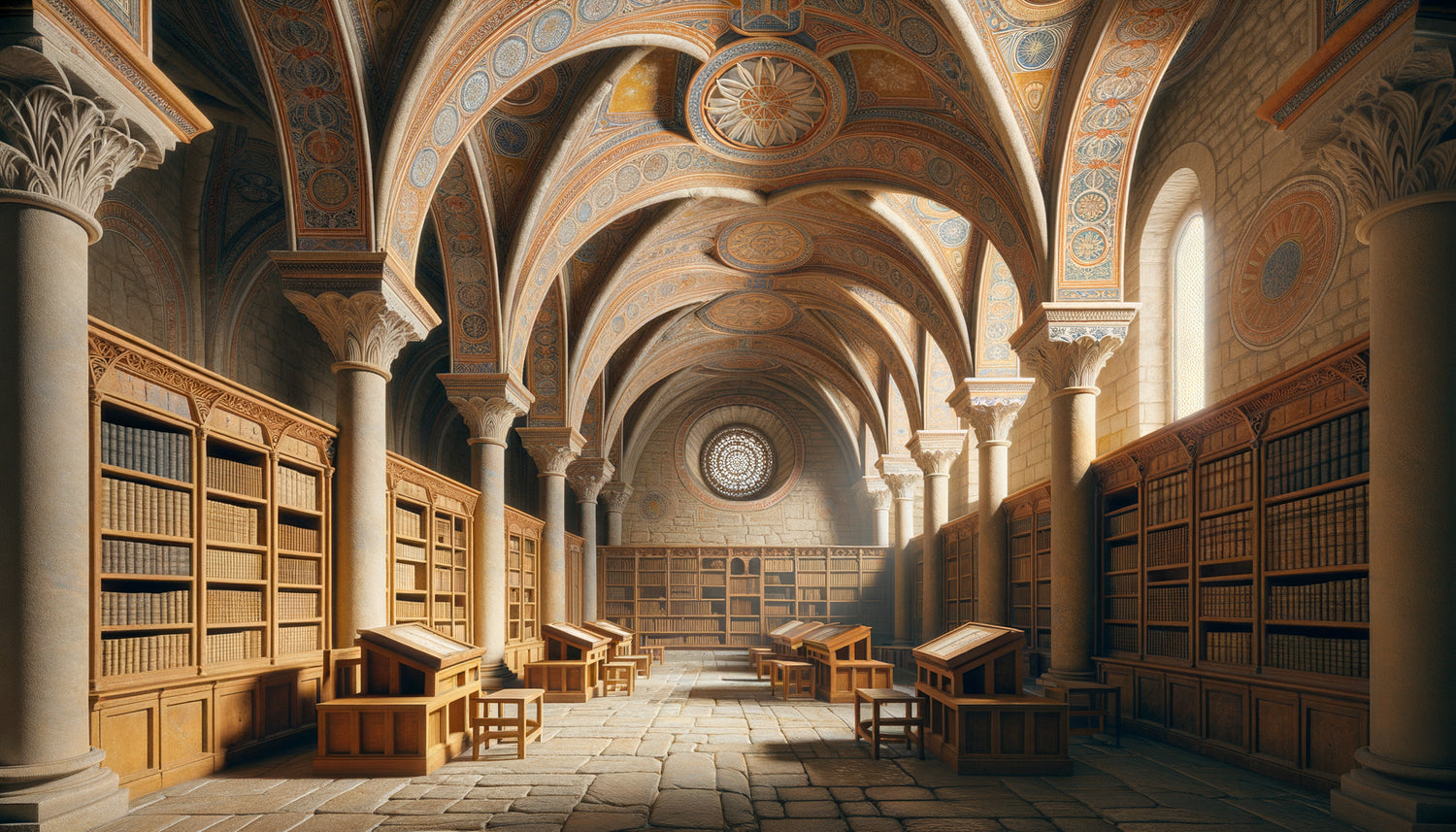 Intérieur de bibliothèque monastique médiévale avec fresques géométriques apaisantes, voûtes romanes et espaces vides contemplatifs