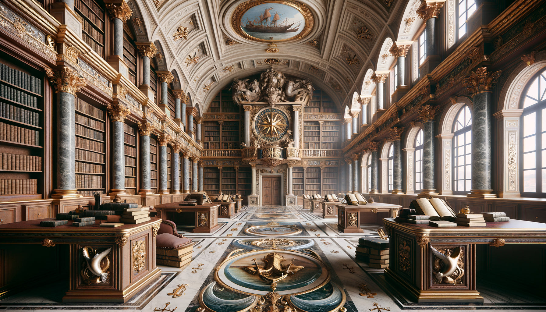 Bibliothèque baroque de palais vénitien avec dauphins sculptés, ancres marines et motifs de vagues, République de Venise 17-18ème siècle