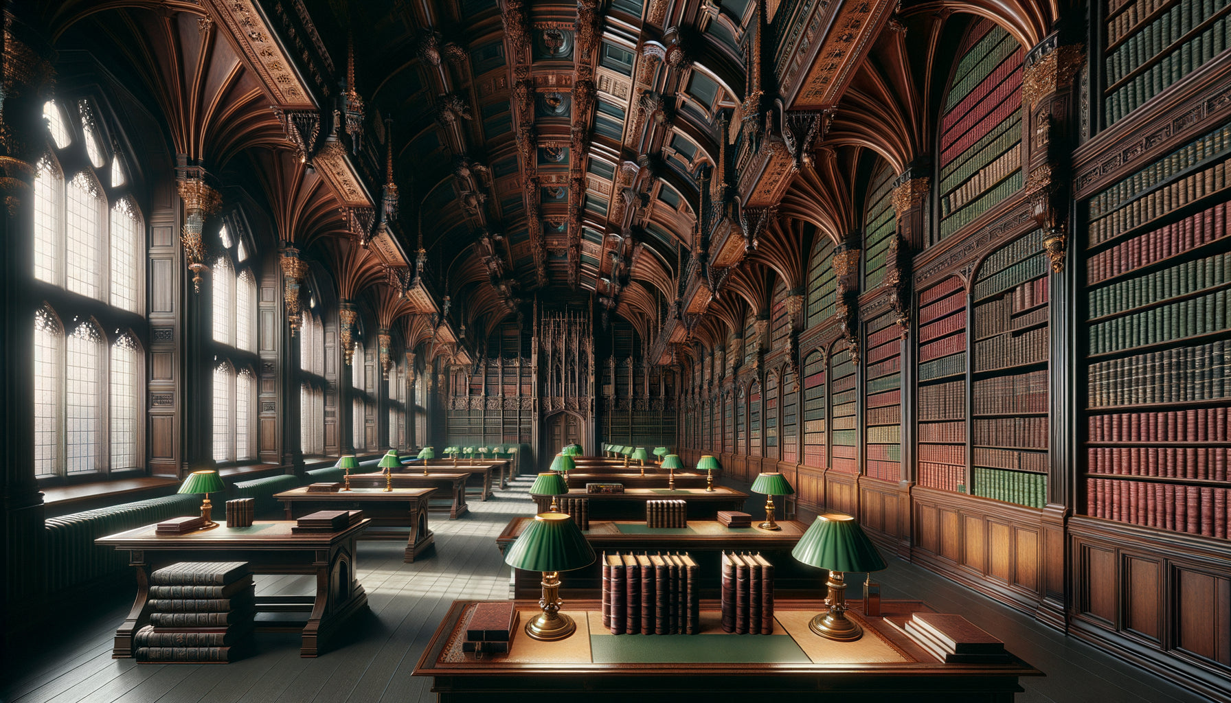 Intérieur austère d'une bibliothèque parlementaire britannique victorienne avec boiseries néo-gothiques et murs sobres sans décoration picturale