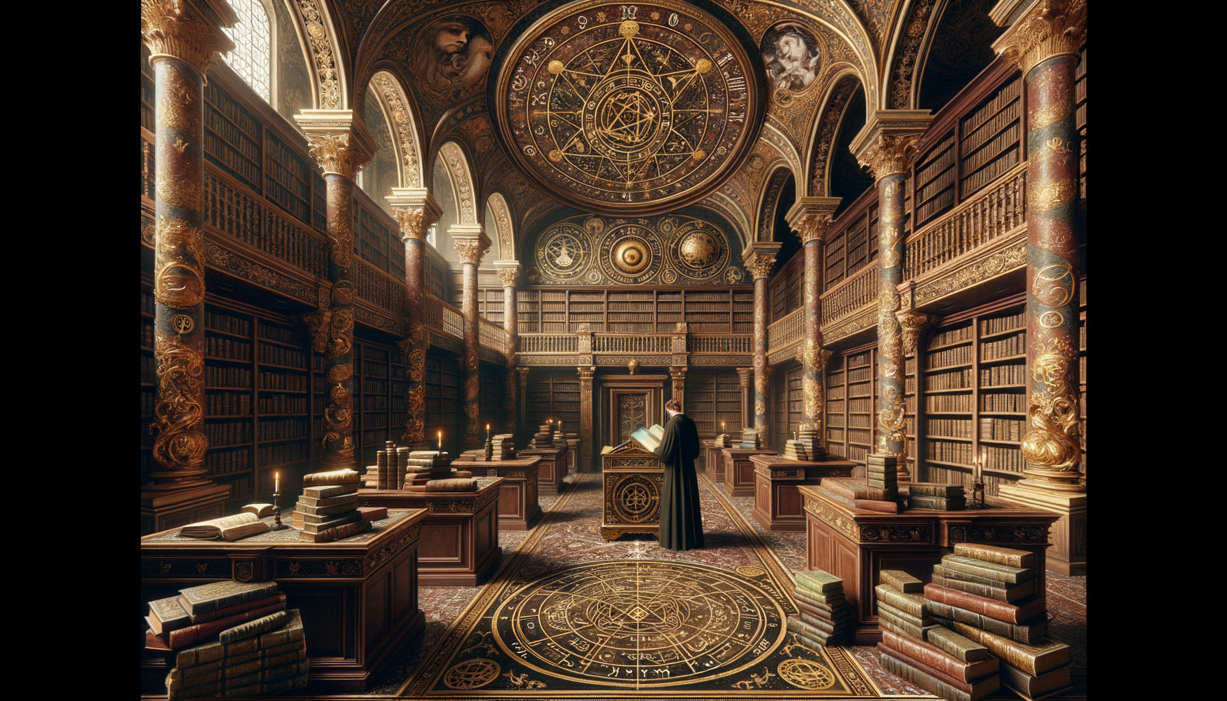 Fresque Renaissance de bibliothèque avec symboles alchimiques et ésotériques dissimulés dans l'architecture et les ornements
