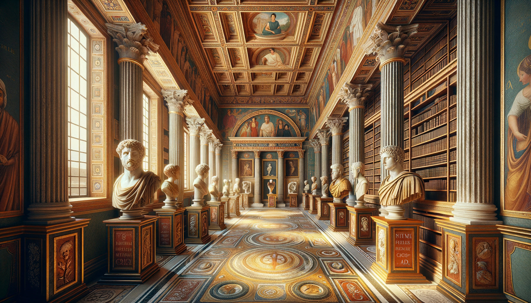 Bibliothèque romaine antique avec bustes et portraits d'auteurs classiques exposés aux côtés de statues divines