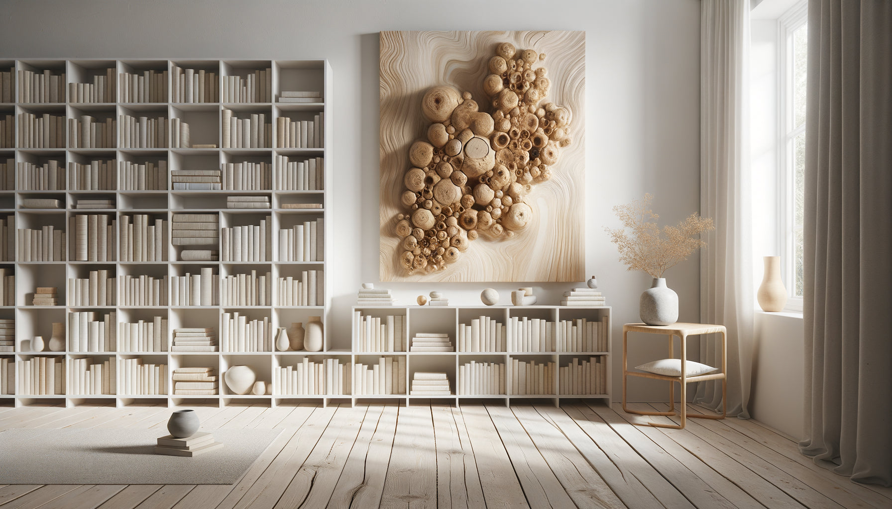 Bibliothèque scandinave blanche épurée avec sculpture en bois brut naturel intégrée harmonieusement parmi les livres