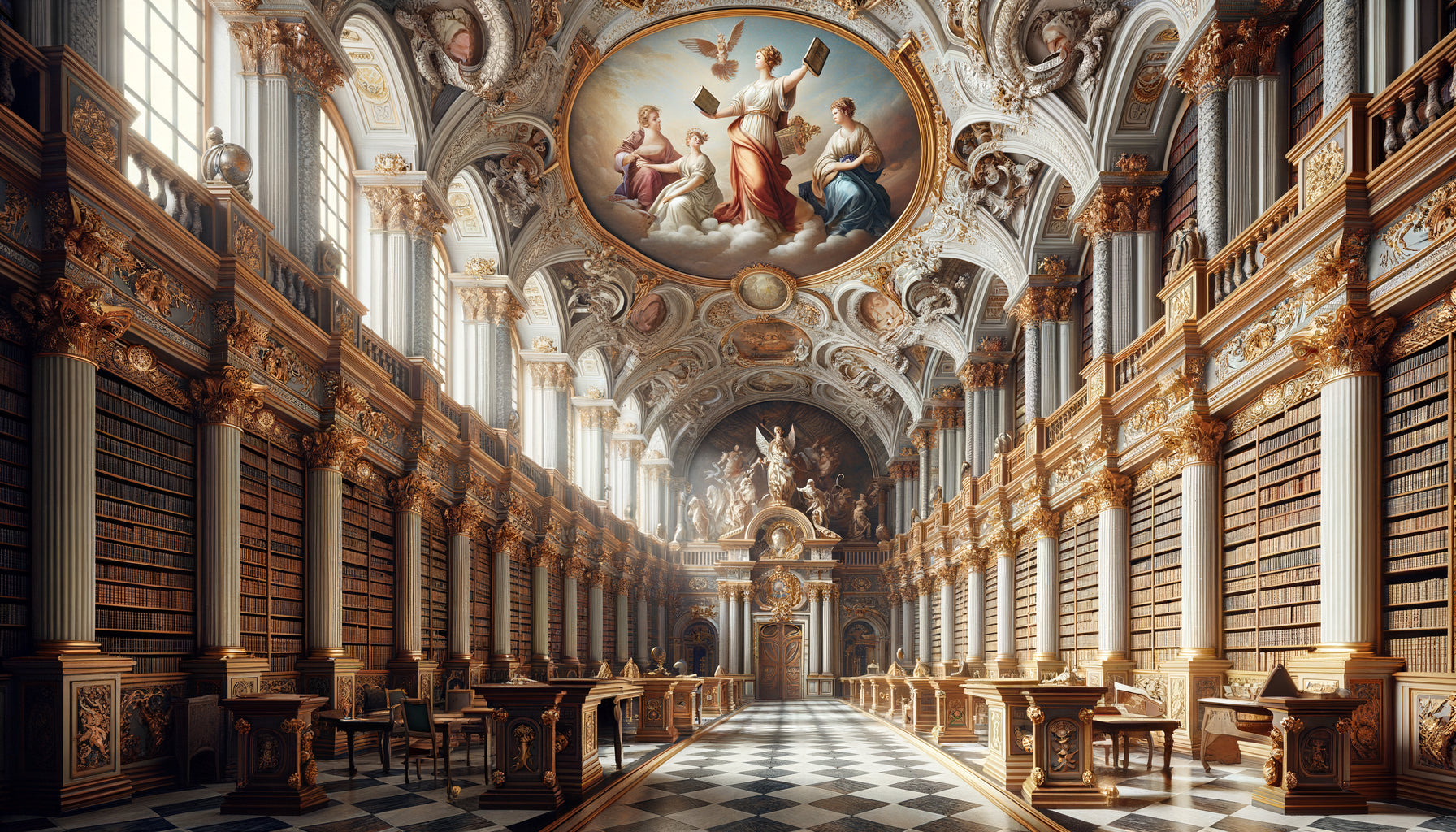 Bibliothèque universitaire baroque allemande du XVIIIe siècle avec fresques allégoriques des sept arts libéraux au plafond