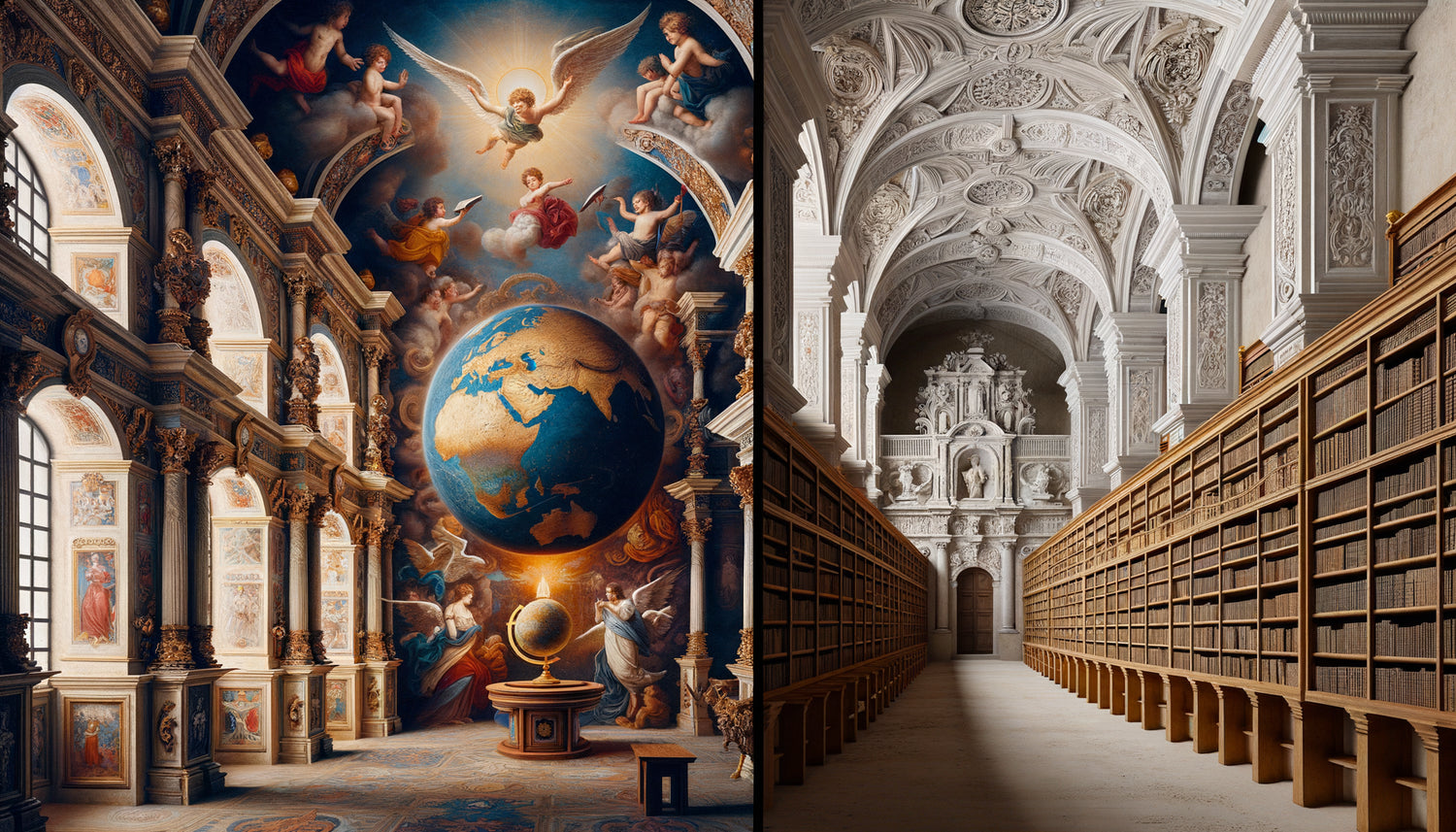 Comparaison entre bibliothèque jésuite baroque richement ornée et bibliothèque franciscaine austère du Mexique colonial, 17e siècle