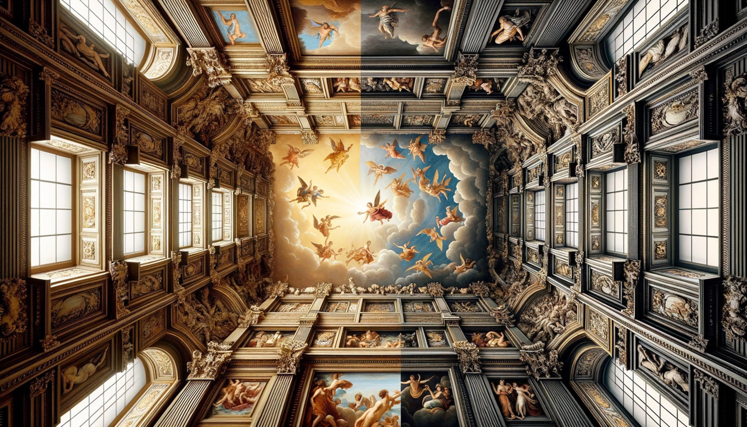Comparaison entre plafond de bibliothèque baroque italien avec trompe-l'œil céleste et plafond classique français compartimenté du XVIIe siècle