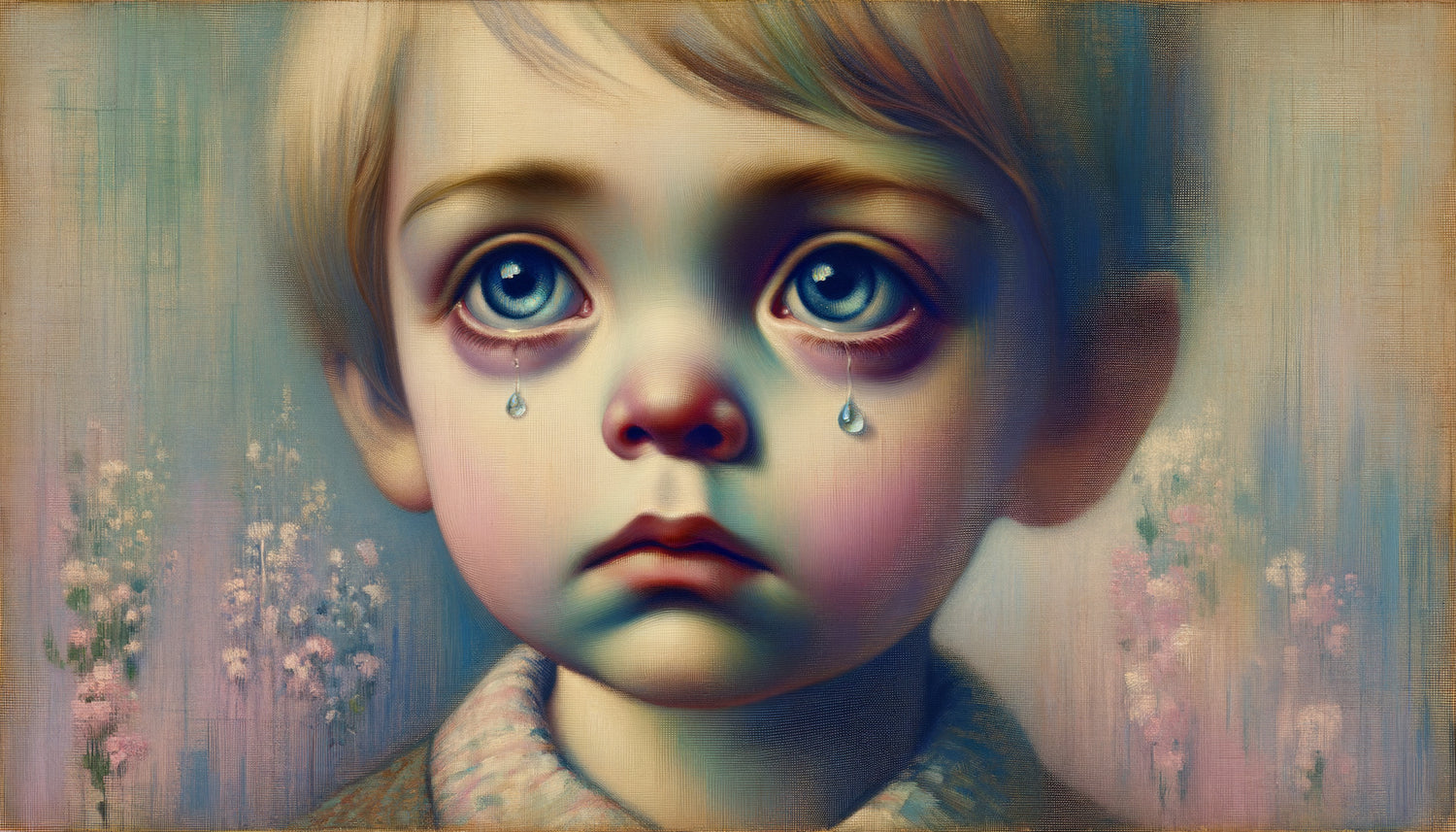 Portrait style Margaret Keane années 1960, enfant aux yeux démesurés caractéristiques du mouvement kitsch Big Eyes