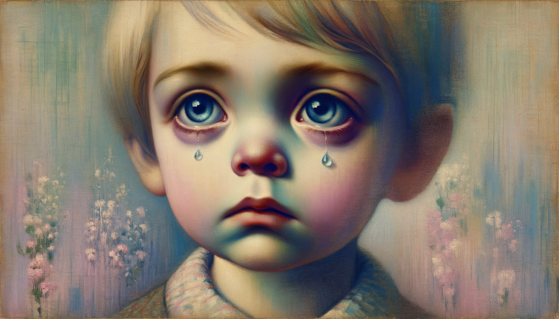 Portrait style Margaret Keane années 1960, enfant aux yeux démesurés caractéristiques du mouvement kitsch Big Eyes