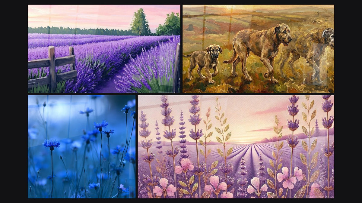Mosaico di quattro quadri, tra cui Sentiero Violaceo, Campo di mirtilli blu notte e argentato e Lavanda al Tramonto