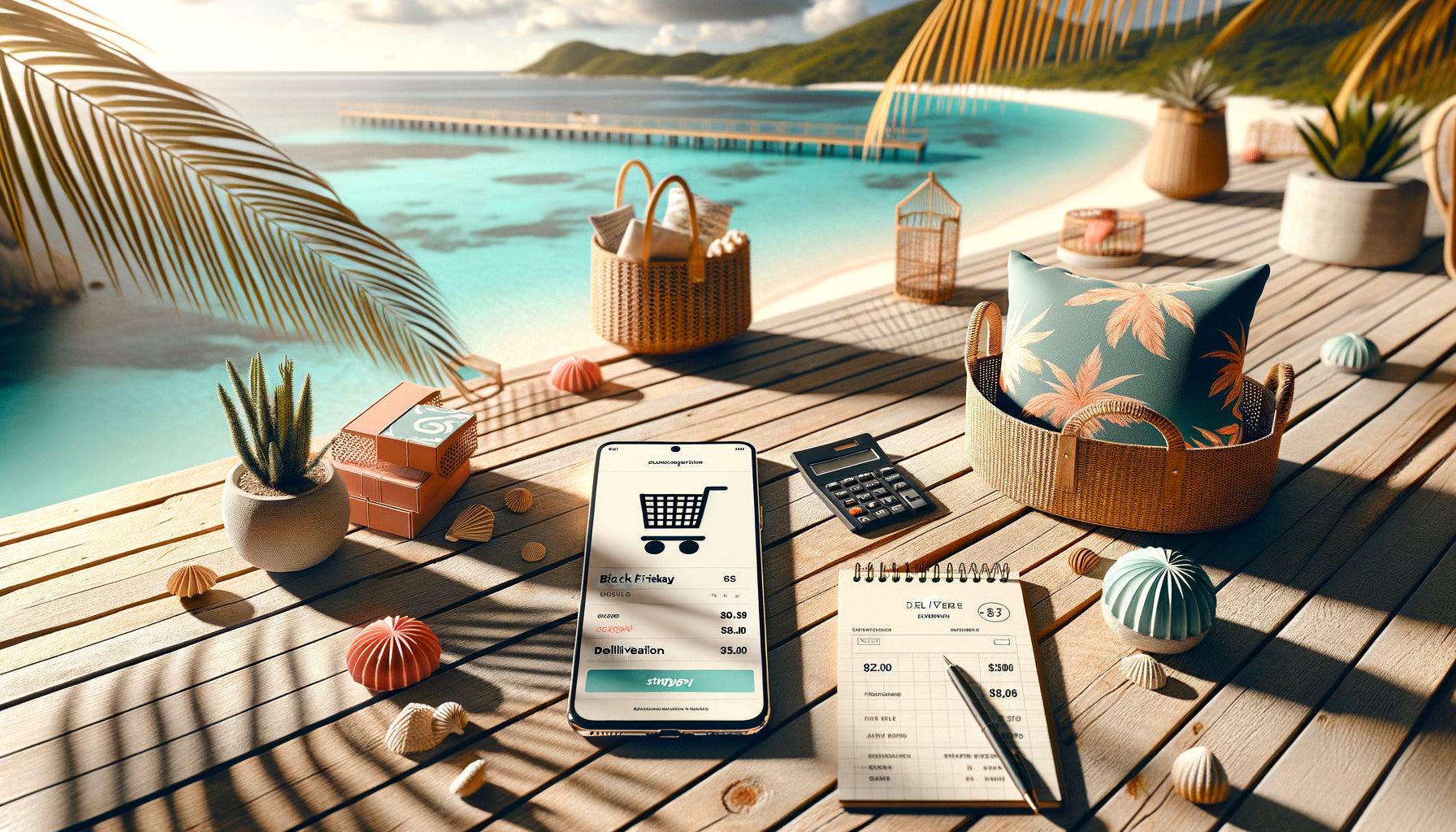 Shopping Black Friday déco depuis les DOM-TOM avec smartphone, calculs livraison et océan tropical