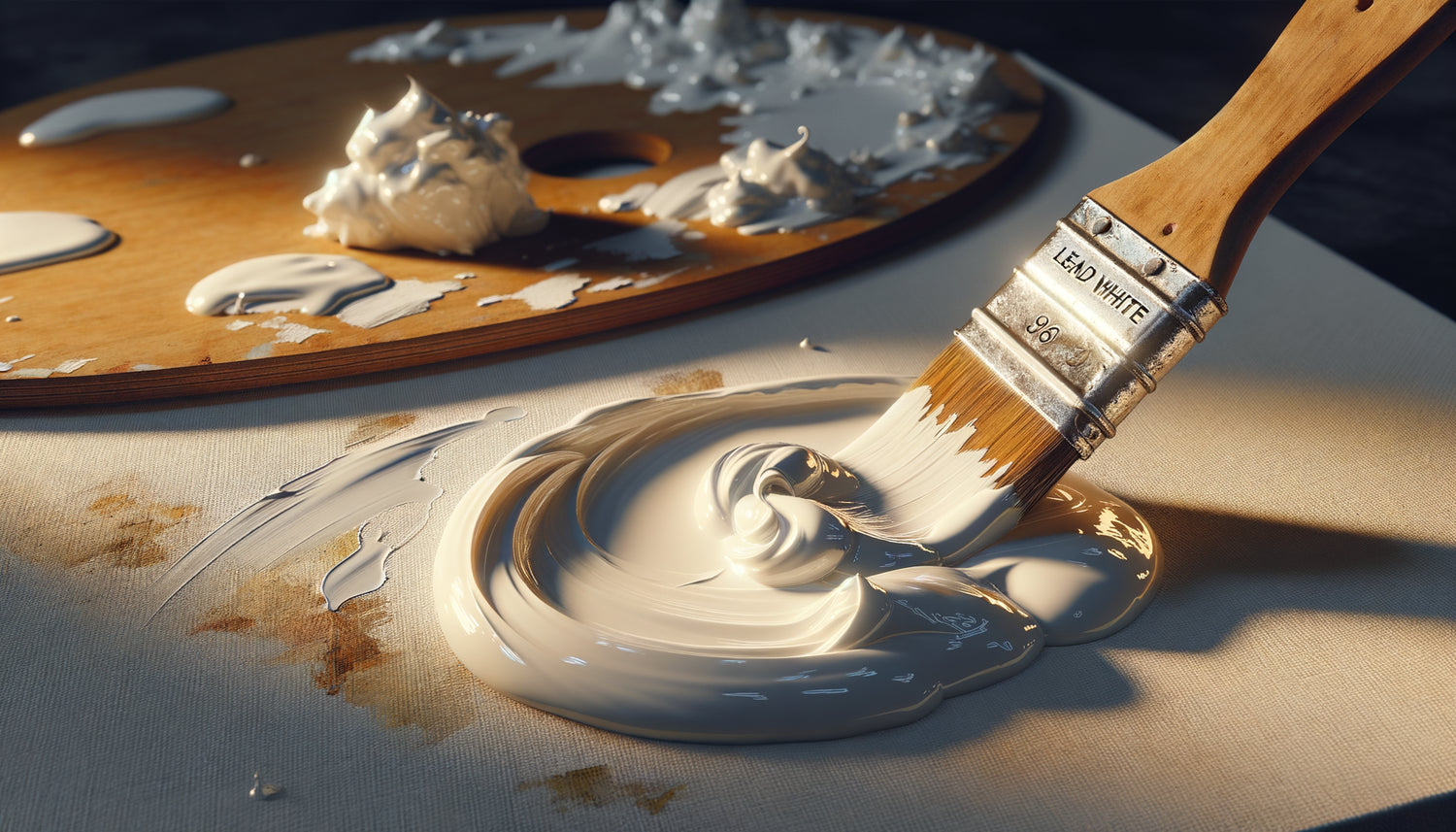 Gros plan de peinture au blanc de plomb appliquée sur toile, texture épaisse et lumineuse, technique de maîtres anciens