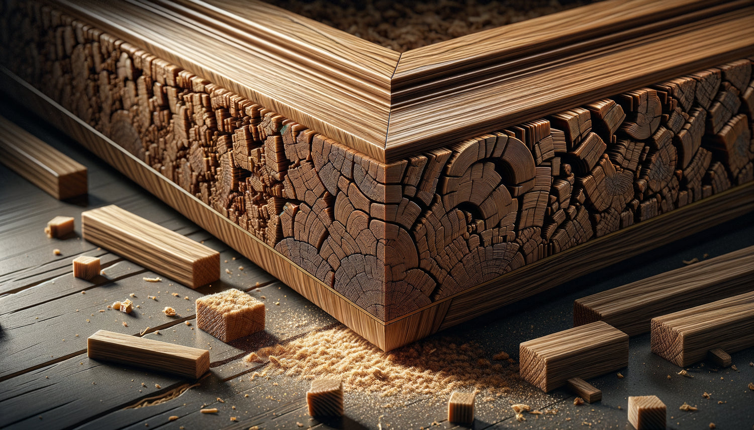 Gros plan sur grain de bois dense de chêne pour cadre professionnel protecteur contre vibrations