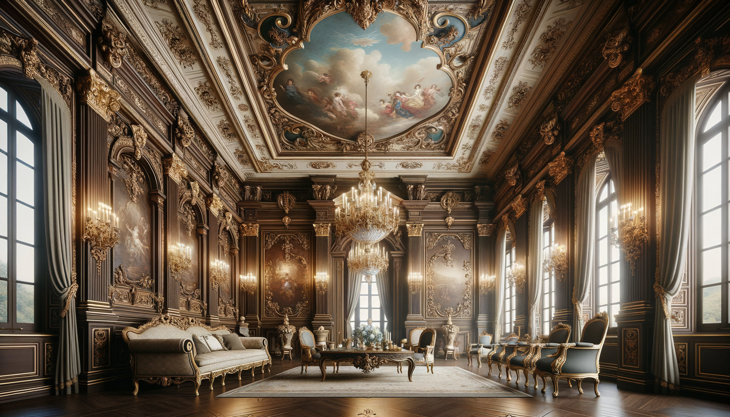 Salon français XVIIIe siècle avec boiseries sombres et fresque claire, transition dorée harmonieuse style Régence