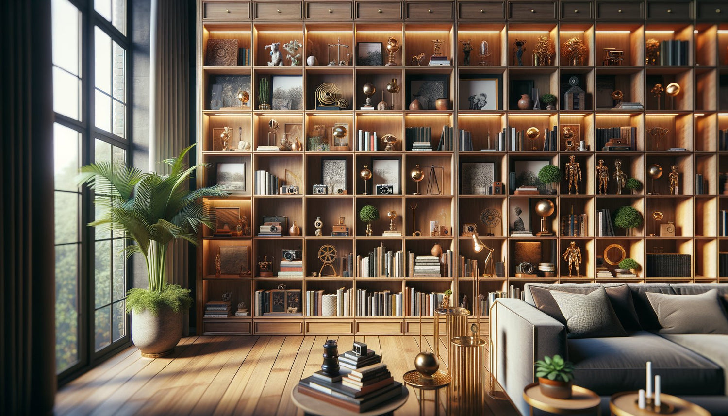 Bibliothèque luxueuse et stylisée selon la tendance Bookshelf Wealth 2025, avec étagères en bois remplies de livres soigneusement disposés, objets décoratifs raffinés et plantes vertes dans un intérieur contemporain baigné de lumière naturelle