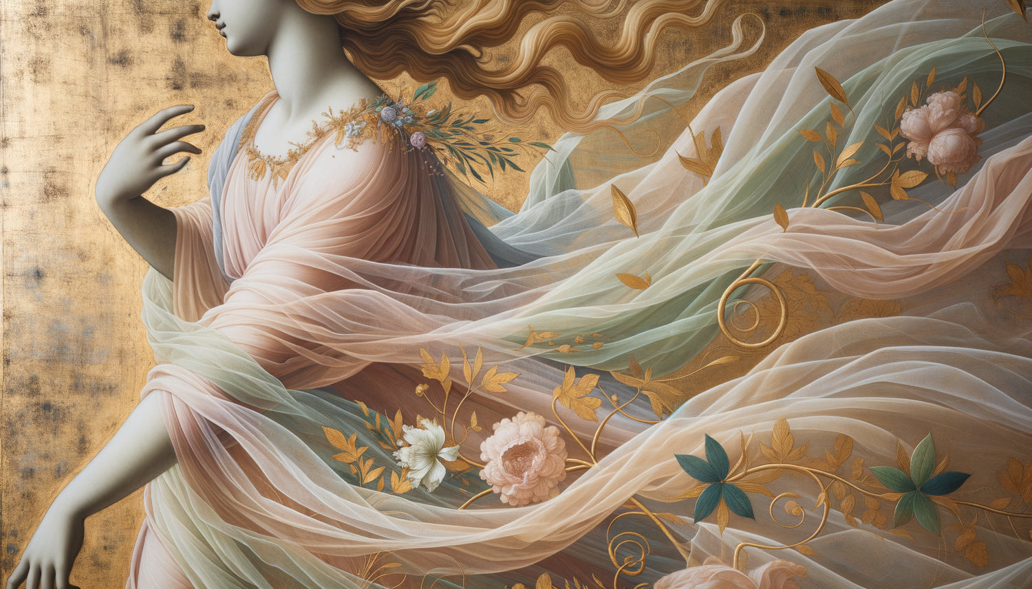 Détail de peinture Renaissance style Botticelli, figure féminine gracieuse aux drapés fluides, palette douce rose et bleu céleste, esthétique Quattrocento florentin