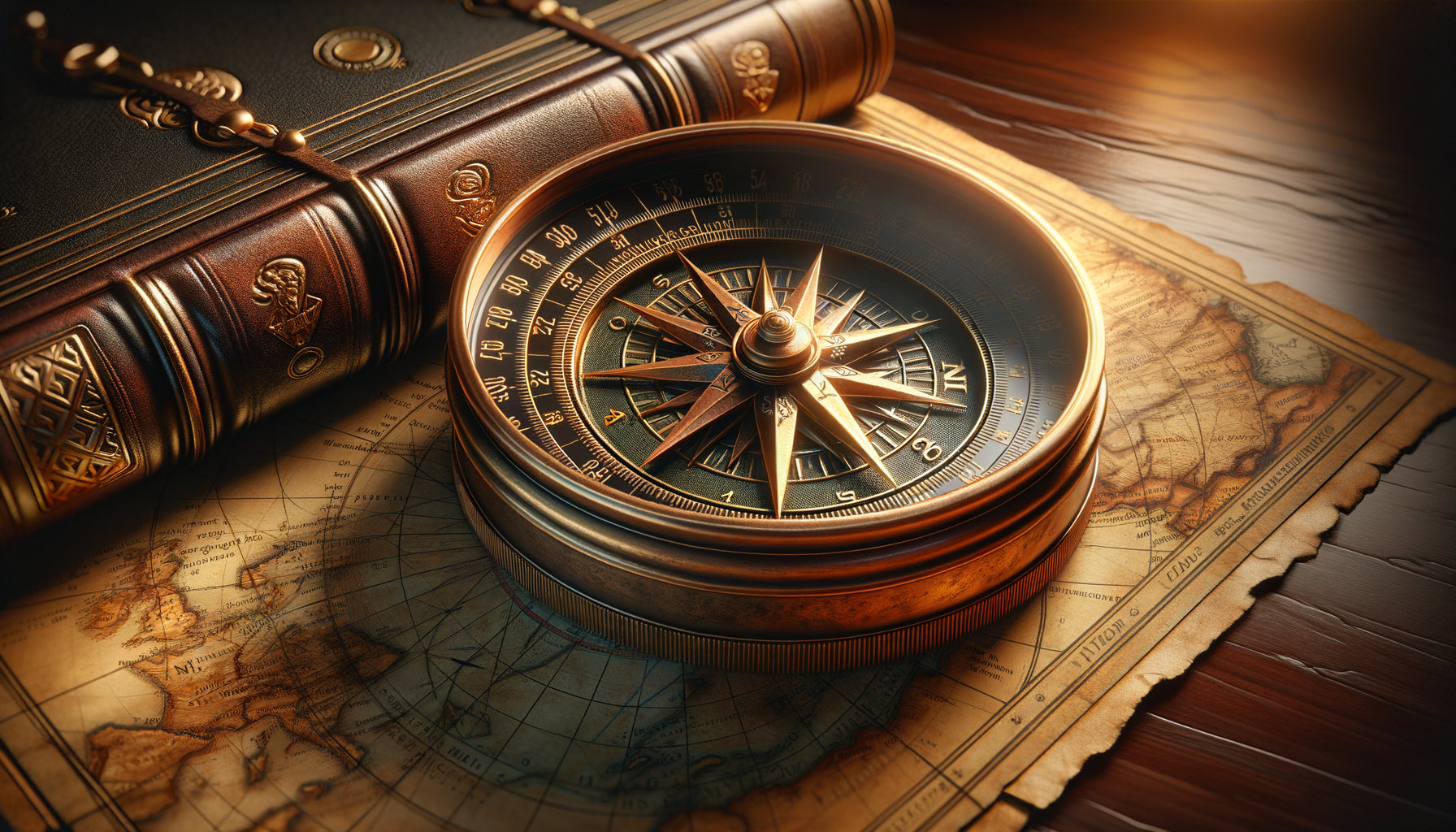 Boussole nautique ancienne en laiton sur carte maritime vintage, symbolisant direction et leadership stratégique