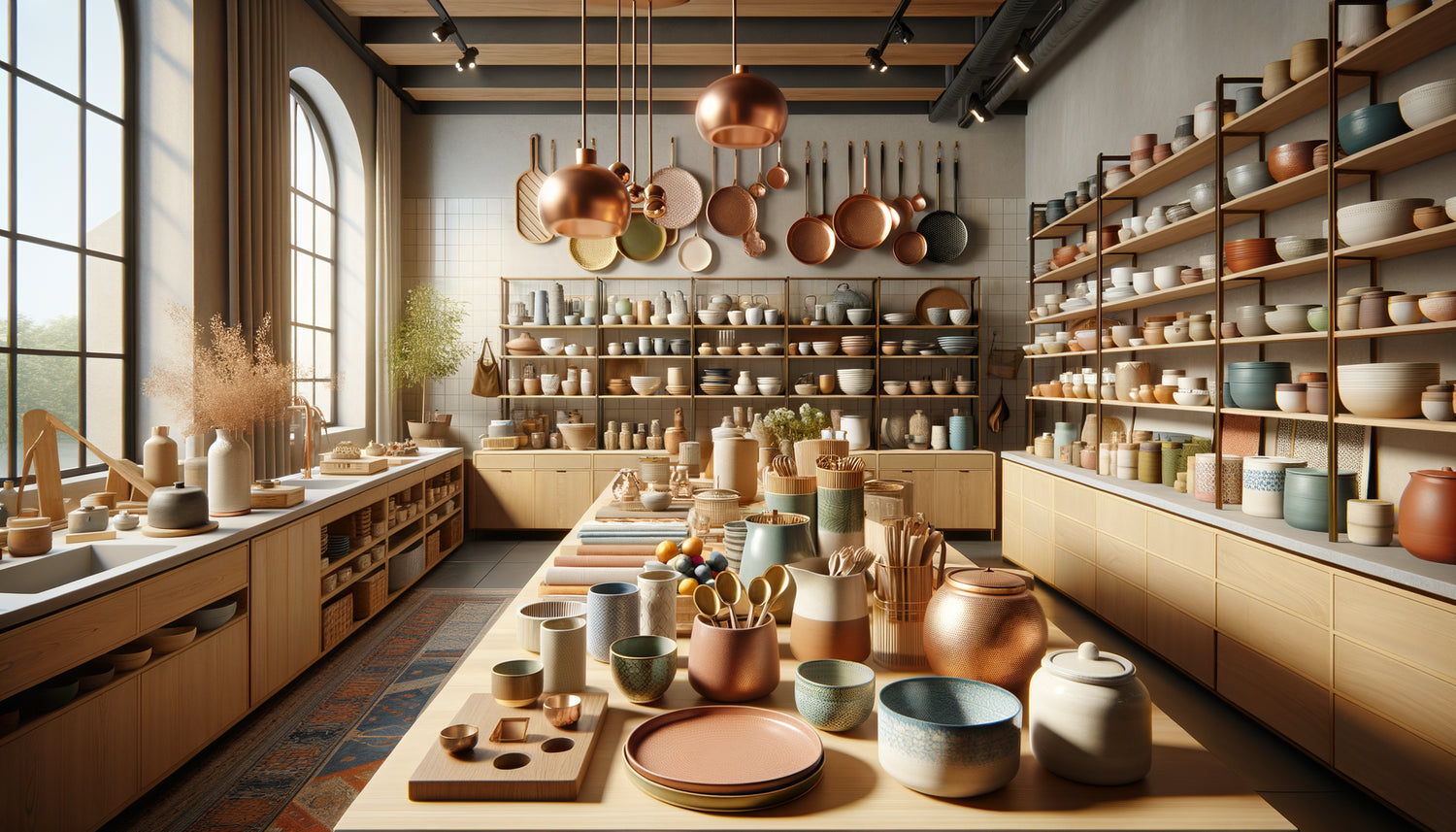 Intérieur d'une boutique déco cuisine contemporaine avec étagères d'accessoires variés, styles multiples et ambiance chaleureuse