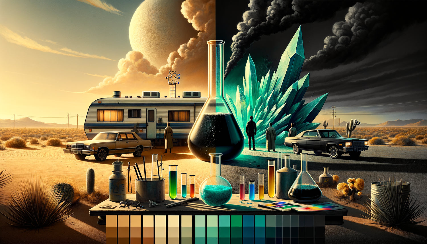 Composition cinématographique illustrant la palette expressionniste de Breaking Bad : transformation chromatique du beige au noir avec bleu cristallin et vert toxique