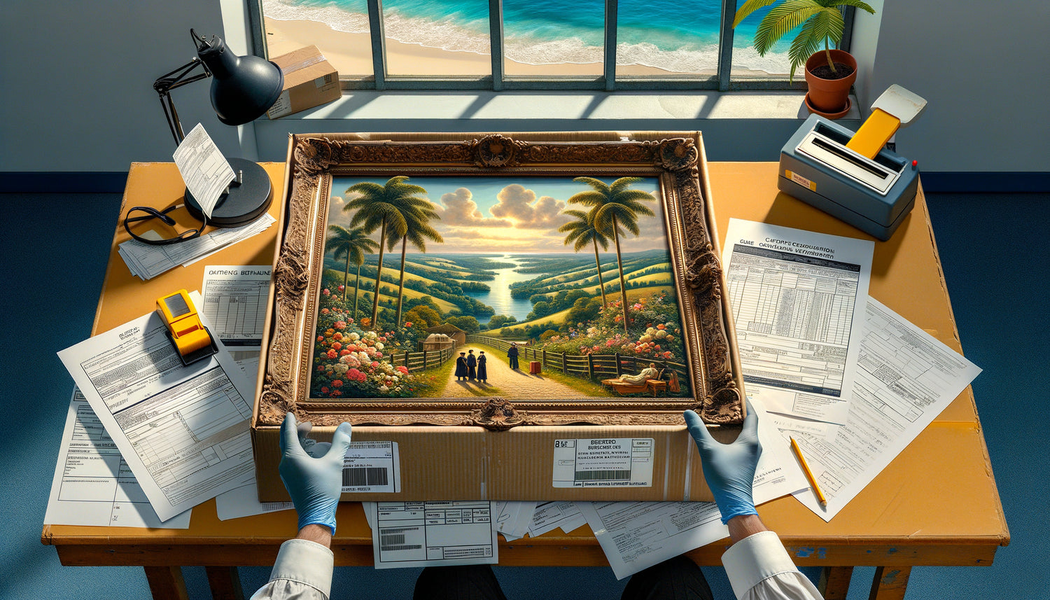 Tableau britannique traditionnel en inspection douanière avec paperasse Brexit, contexte antillais contemporain