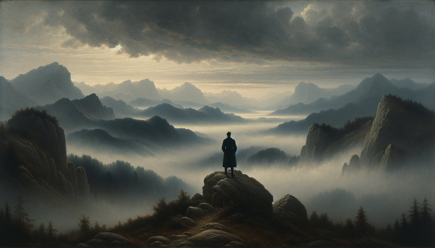 Peinture romantique allemande style Caspar David Friedrich : silhouette contemplative face au brouillard mystique enveloppant montagnes et vallées, atmosphère spirituelle 1820