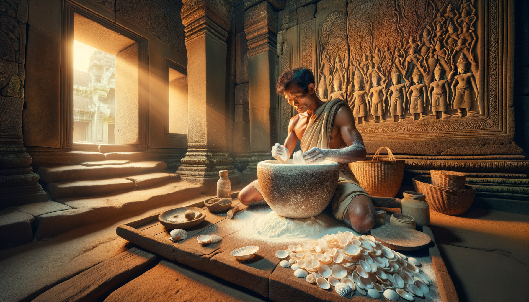 Artisan khmer broyant des coquillages blancs sur pierre dans un atelier de temple d'Angkor, période médiévale cambodgienne