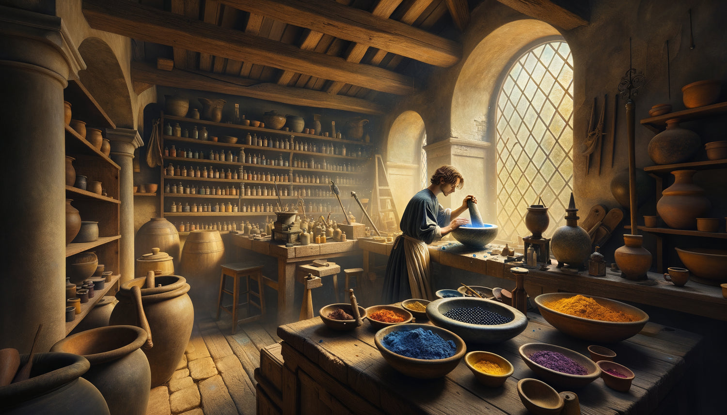 Apprenti broyant du lapis-lazuli sur pierre dans un atelier vénitien Renaissance, lumière naturelle sur pigments colorés