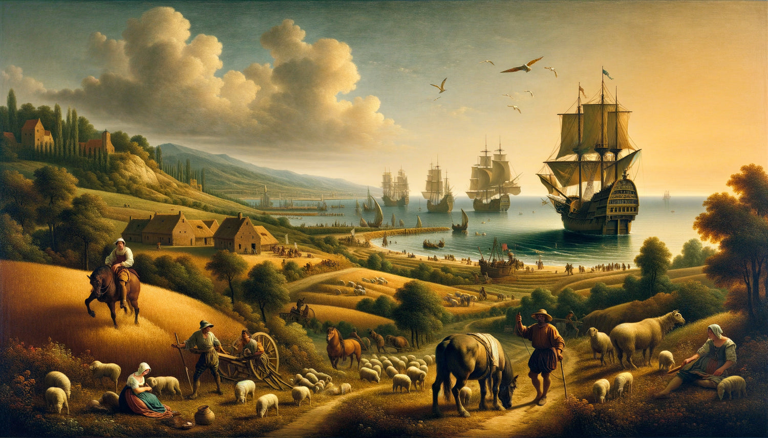 Peinture Renaissance flamande style Bruegel : paysage côtier avec paysan au premier plan, jambes d'Icare noyé discrètes au loin