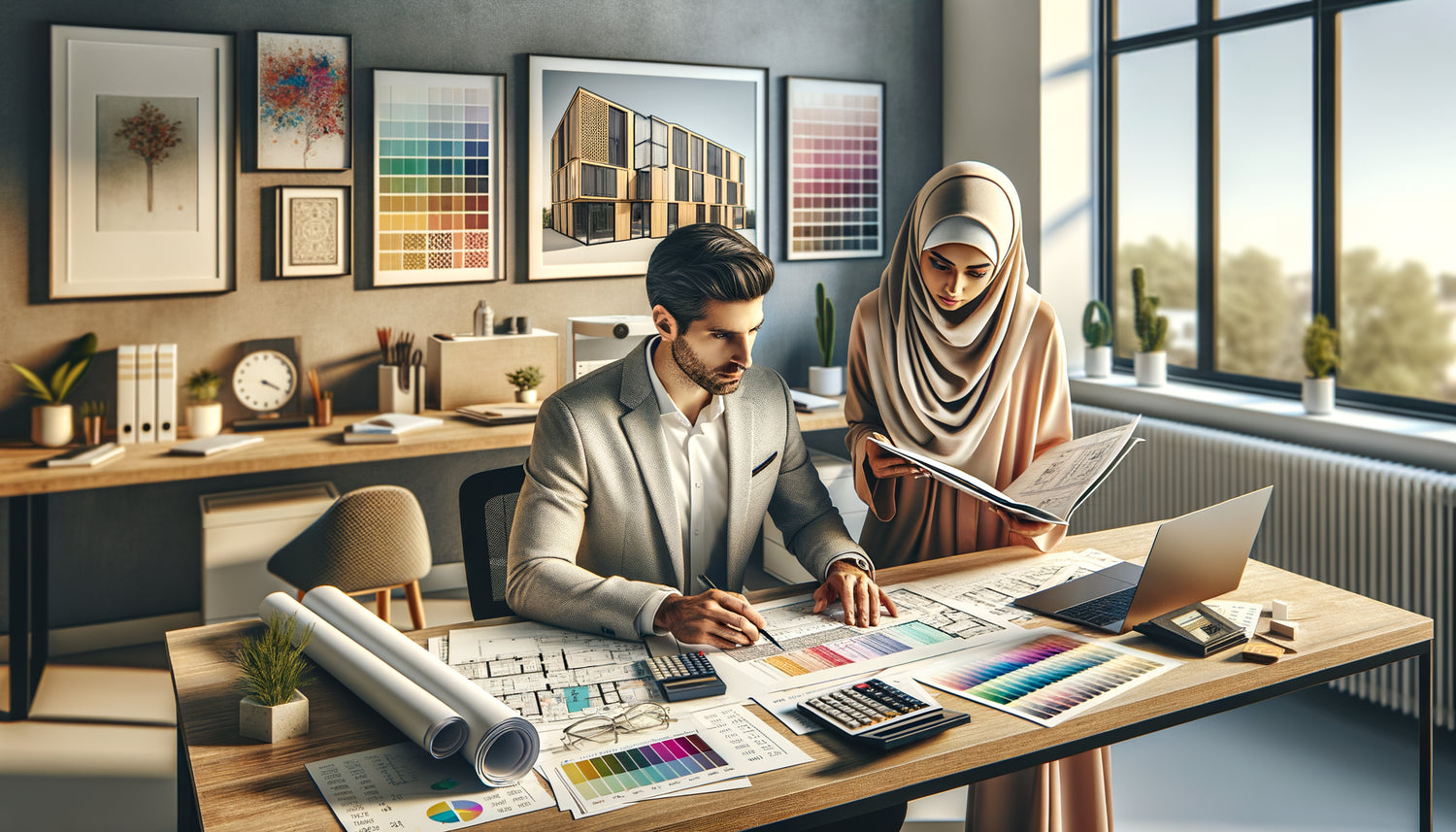 Planification budgétaire pour art mural de cabinet professionnel avec documents et échantillons artistiques