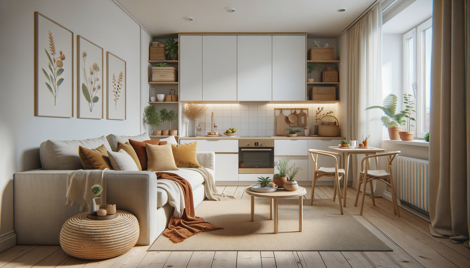 Studio Airbnb moderne décoré avec style scandinave minimaliste, canapé beige, plantes vertes et accessoires chaleureux