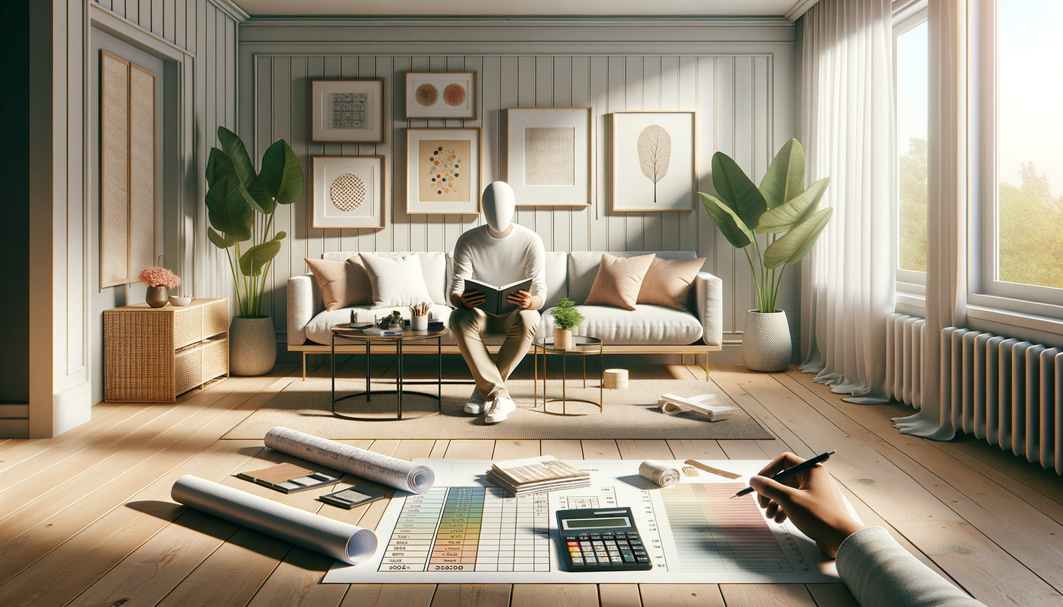 Scène de planification budgétaire pour emménagement avec échantillons de meubles et tableaux encadrés