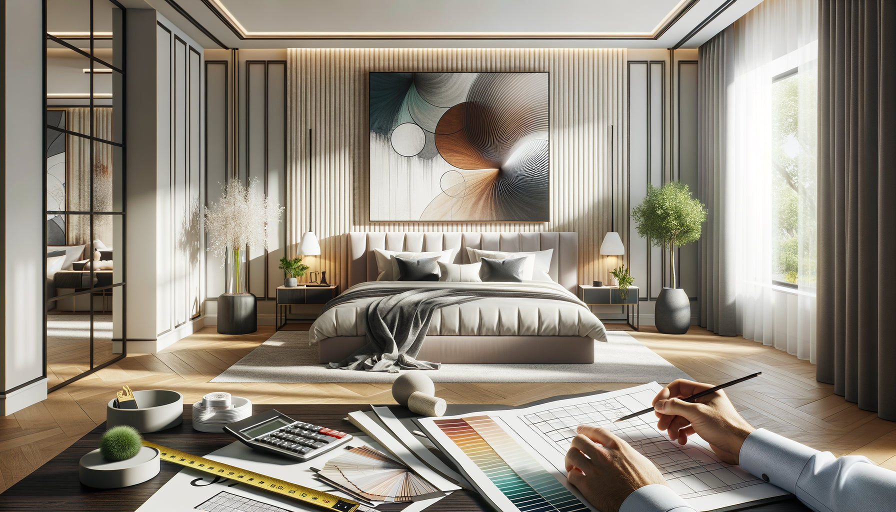Rénovation de chambre contemporaine avec œuvre d'art centrale guidant les choix décoratifs et documents de planification budgétaire