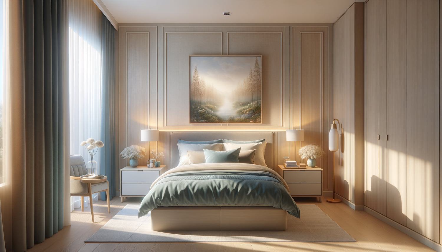 Chambre moderne de résidence seniors avec tableau décoratif apaisant au mur, ambiance chaleureuse et confortable