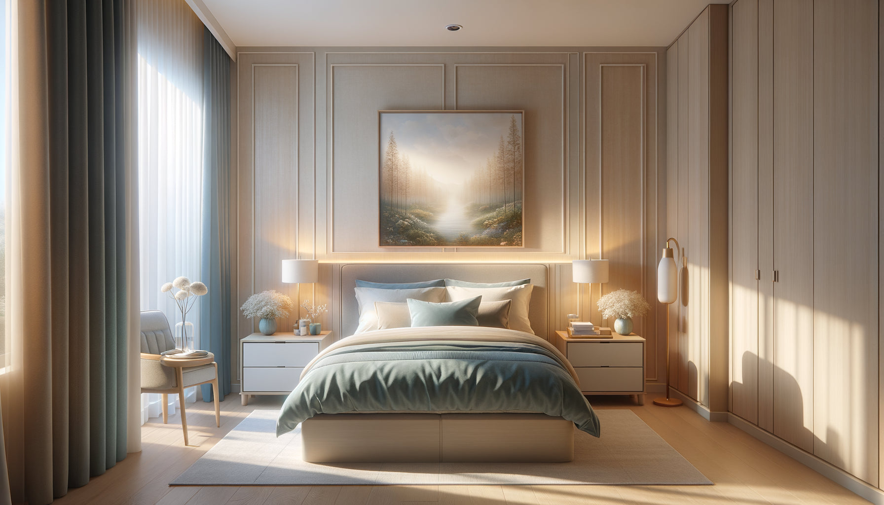 Chambre moderne de résidence seniors avec tableau décoratif apaisant au mur, ambiance chaleureuse et confortable