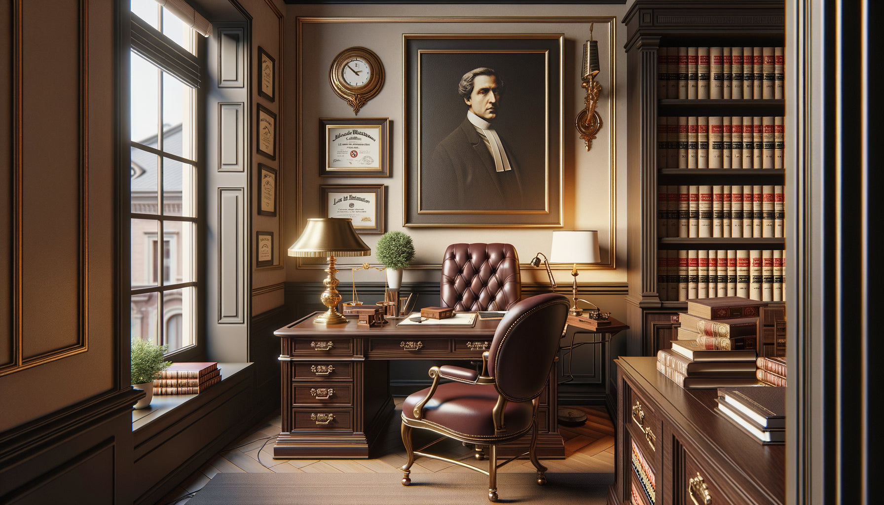 Petit bureau d'avocat élégant avec tableau aux proportions harmonieuses, mobilier classique et éclairage équilibré