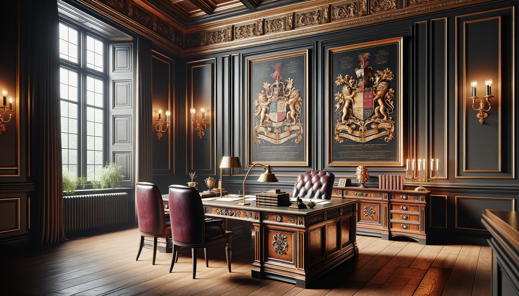 Bureau de notaire traditionnel avec deux types d'encadrements : cadre doré baroque patiné et cadre sobre noir moderne