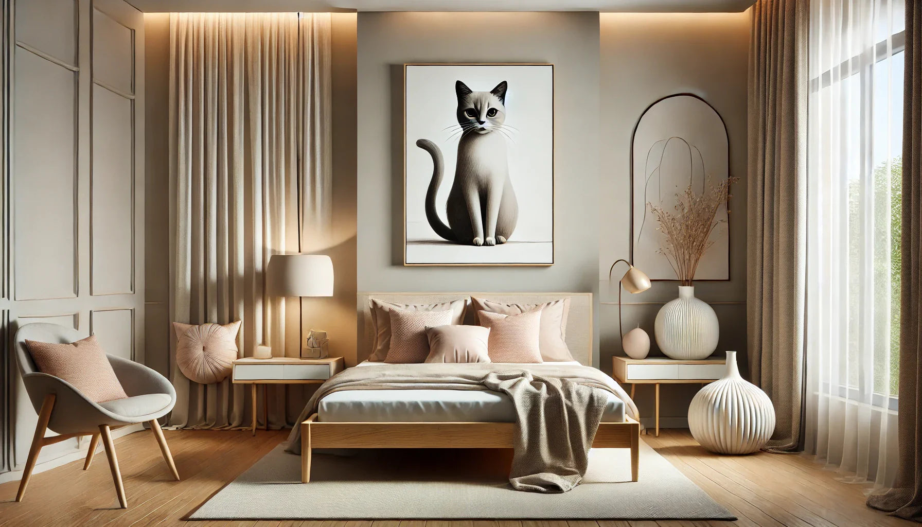 "Chambre élégante avec un tableau moderne représentant un chat, complétée par un mobilier minimaliste en bois, des accessoires en céramique, et une palette de couleurs douces et apaisantes."