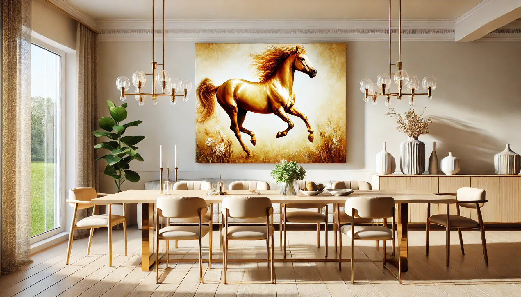 Un tableau représentant un cheval majestueux en mouvement, capturé dans des teintes vibrantes de doré et beige. L’œuvre est affichée dans une salle à manger moderne avec des meubles en bois clair, une grande table élégante, et des accessoires minimalistes