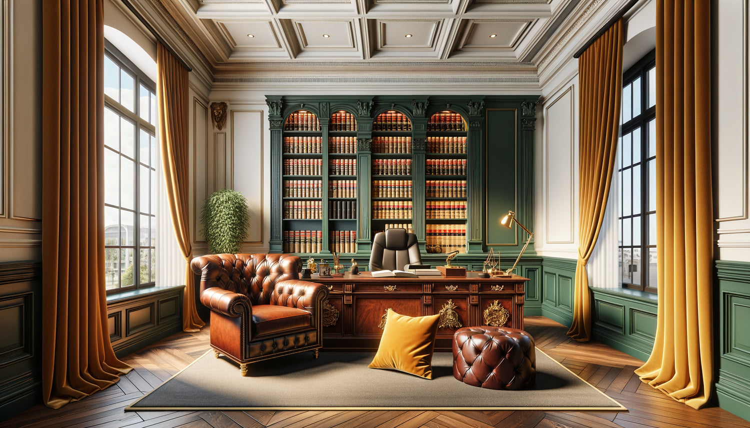 Cabinet d'avocat aux murs blancs rehaussé de teintes chaudes cognac, bordeaux, vert forêt et ocre