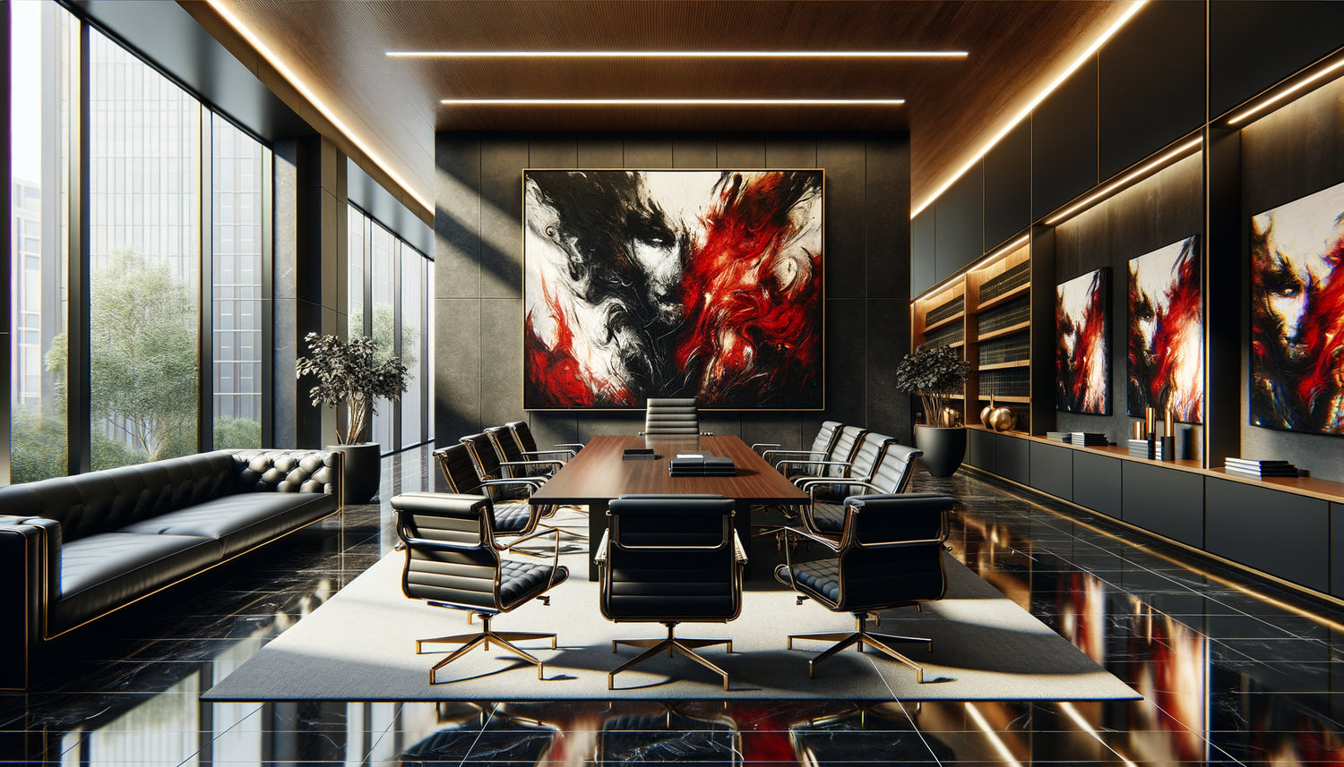 Bureau d'avocat moderne avec œuvre d'art contemporaine controversée aux couleurs audacieuses dominant l'espace professionnel