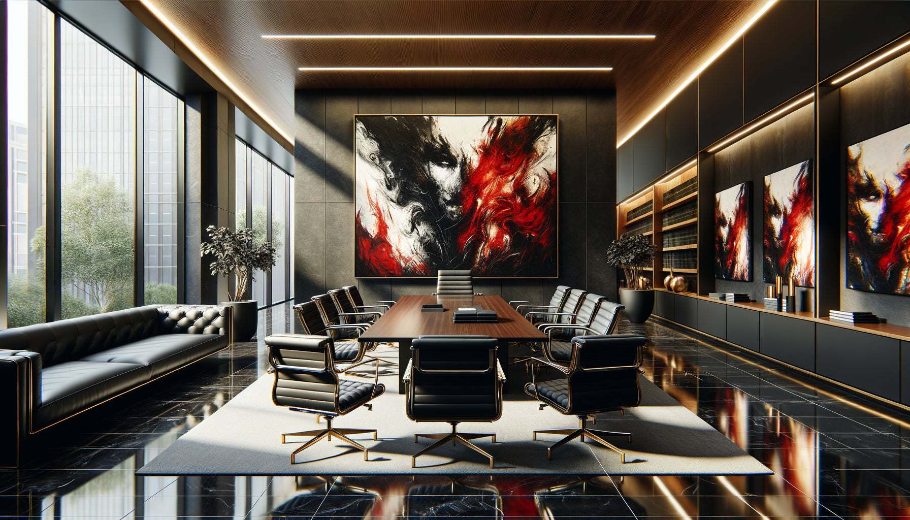 Bureau d'avocat moderne avec œuvre d'art contemporaine controversée aux couleurs audacieuses dominant l'espace professionnel