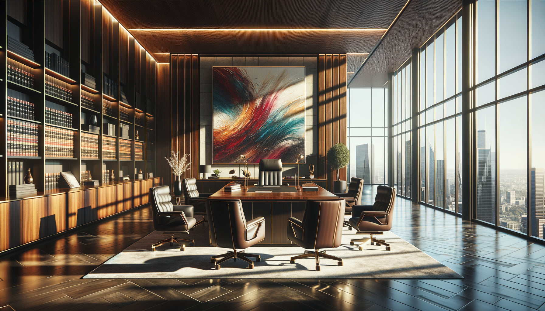 Bureau contemporain de cabinet d'avocats d'affaires avec œuvre d'art cotée valorisant l'espace professionnel haut de gamme